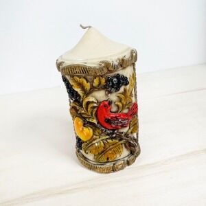 Vintage Unburned Wax Pillar Candle w/ Fruit, Grapes & Red Cardinal‎ Bird Relief